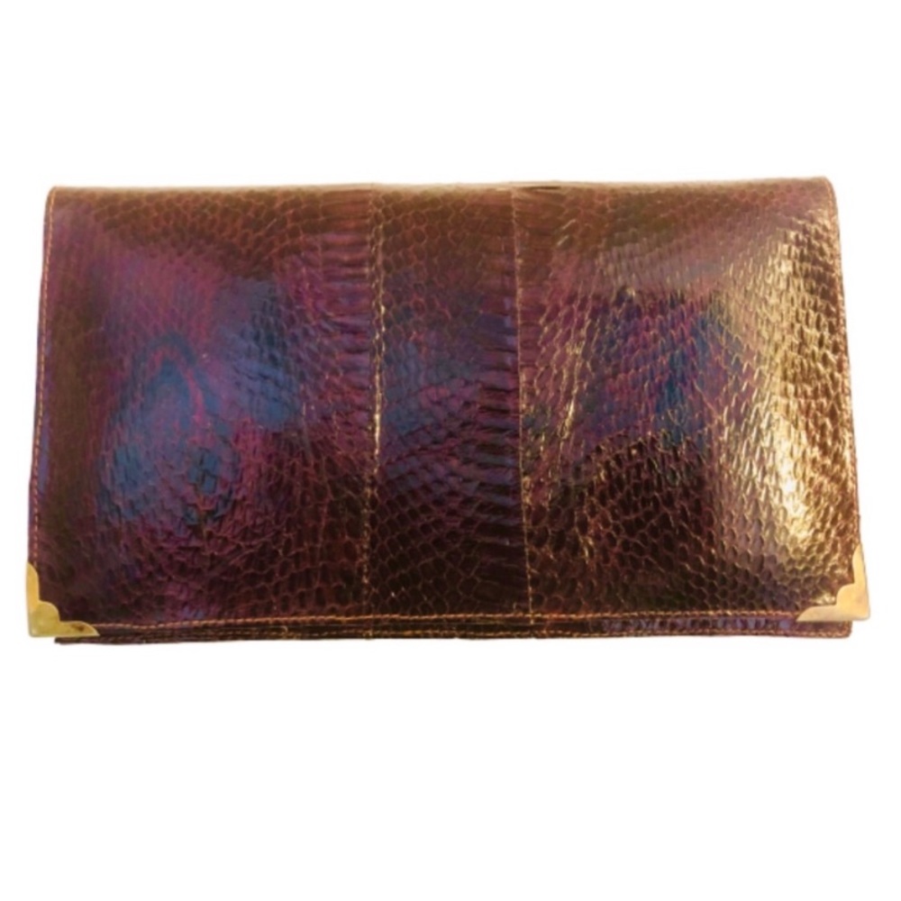 Vintage Brown Snakeskin Skin Clutch With Brass Hardware